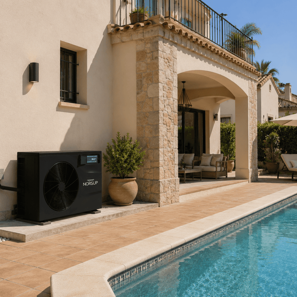 Black Norsup pool heat pump installed next to a swimming pool at a luxury Spanish villa on the Costa del Sol near Marbella.