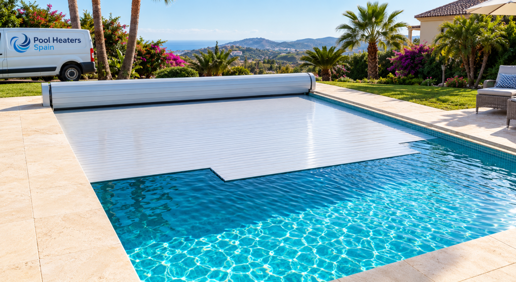 Automatic slatted pool cover extending over a luxury swimming pool in Marbella to retain heat and reduce evaporation