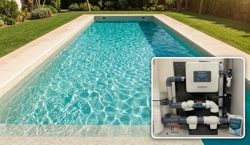 Norsup salt water pool chlorination control unit installed next to a luxury villa swimming pool in Marbella